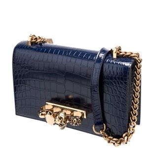 Alexander McQueen Navy Croc-Embossed Clutch with Gold Chain